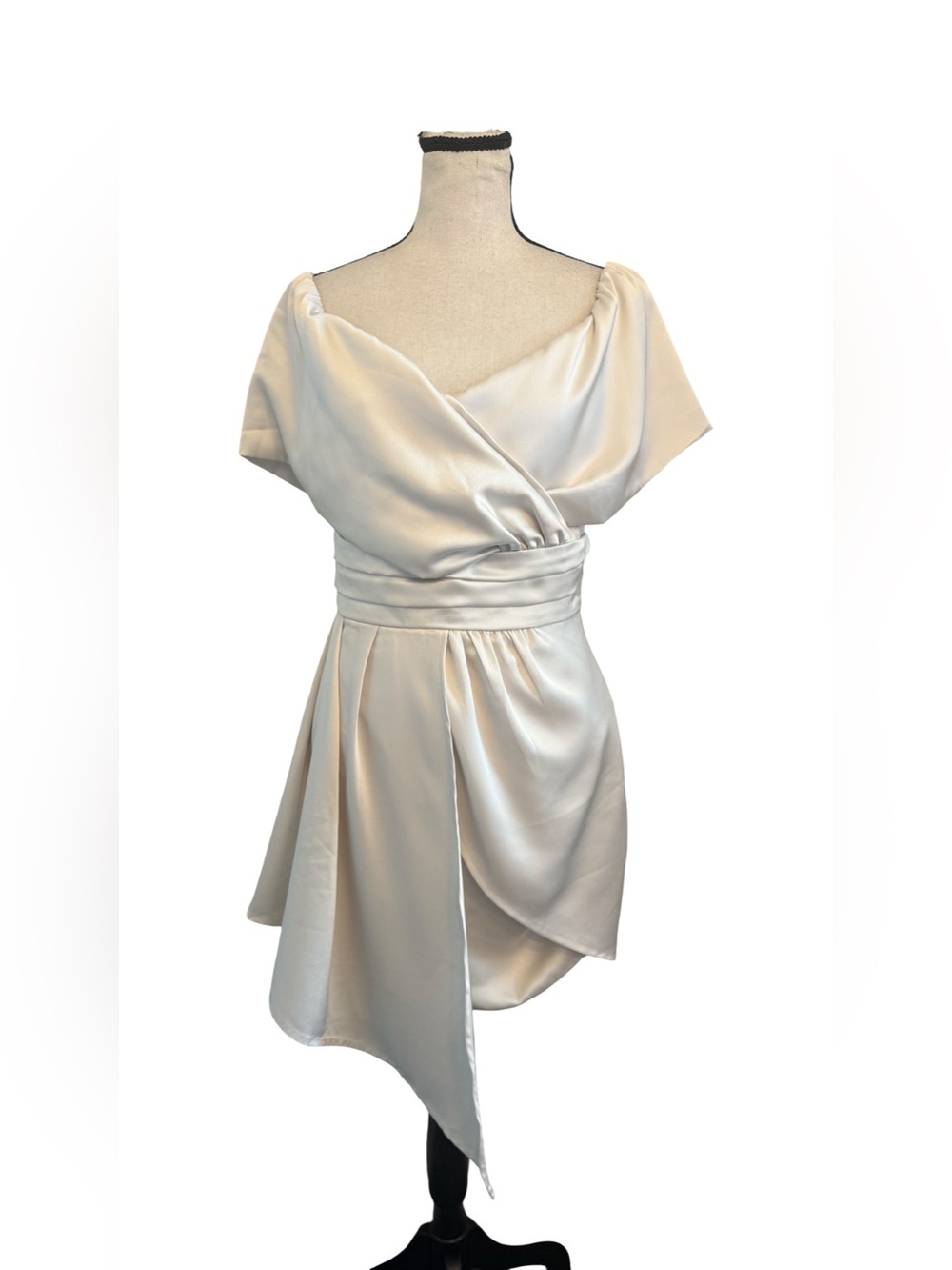 Lulus Ivory Satin Faux Wrap Mini Dress Cape Sleeve Tulip Hem Bridal M